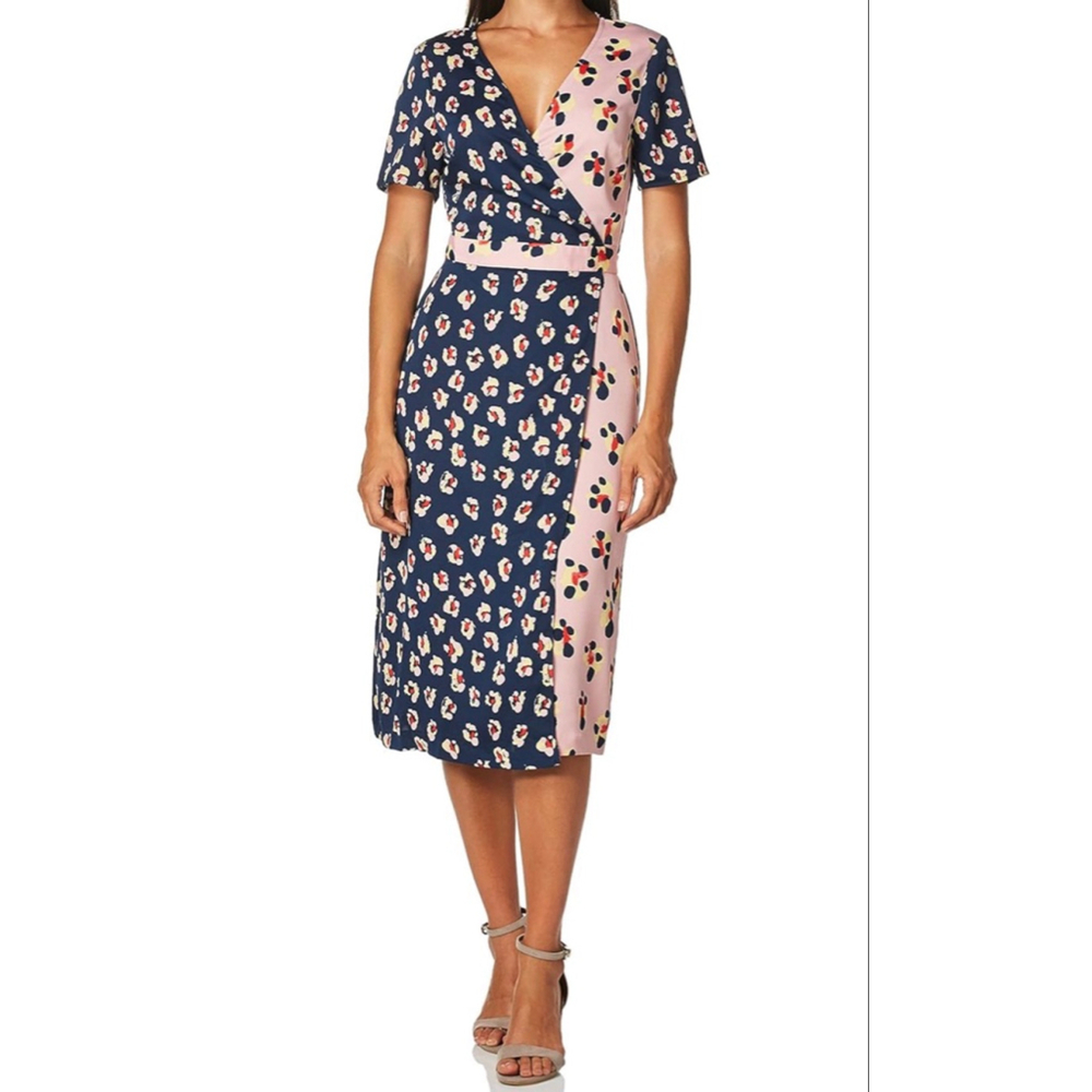 Women's BCBGeneration Navy Pink Floral Short Sleeve Wrap Dress M